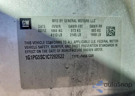 2012 Chevrolet Cruze Lt z USA, uszkodzony, nr VIN 1G1PG5SC1C7282622